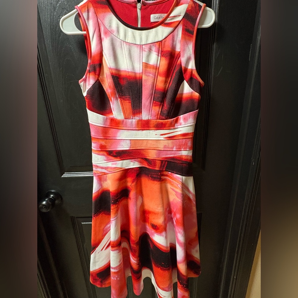 Calvin Klein Red, Pink & White Marble Midi Dress